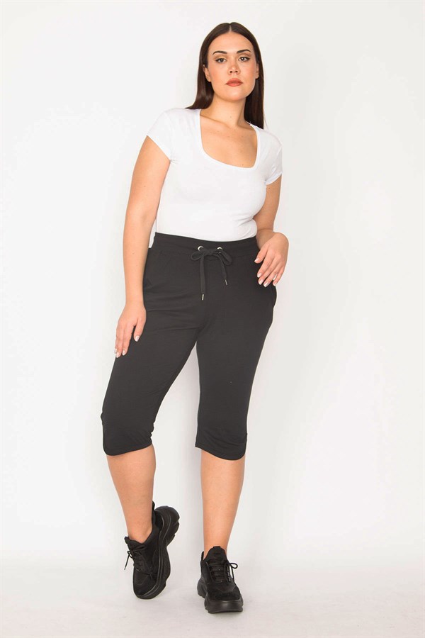 Capri en coton noir pour femme, avec œillets et taille élastique, poches, 65N29527