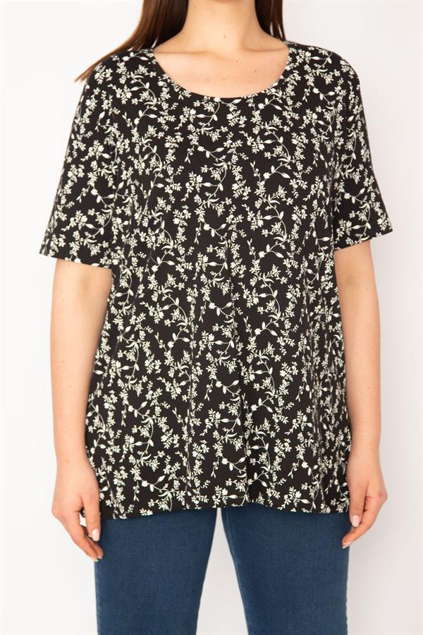 Kadın Büyük Beden Siyah Pamuklu Kumaş Bisiklet Yakalı Çiçek Desenli Tunik 65N36825