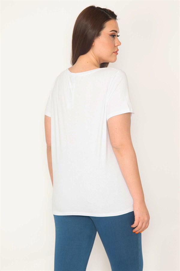 KADIN BEYAZ PAMUKLU KUMAŞ BİSİKLET YAKA ÖN BASKILI BLUZ