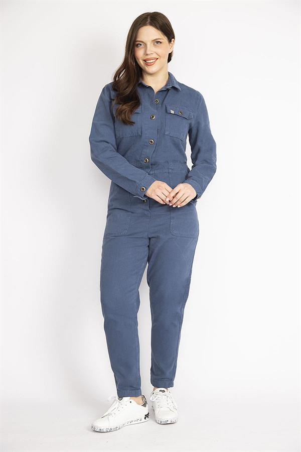 Kadın İndigo Büyük Beden Ön Düğmeli Gabardin Tulum