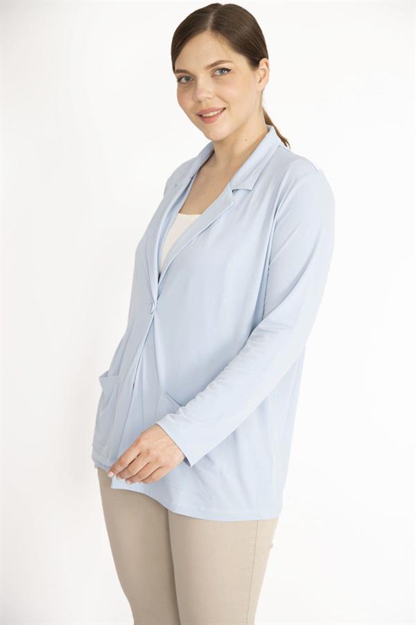 Kadın Mavi Tek Düğmeli Astarsız Cepli Hırka