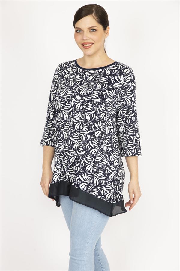 Kadın Lacivert Büyük Beden Etek Ucu Şifon Garnili Tunik