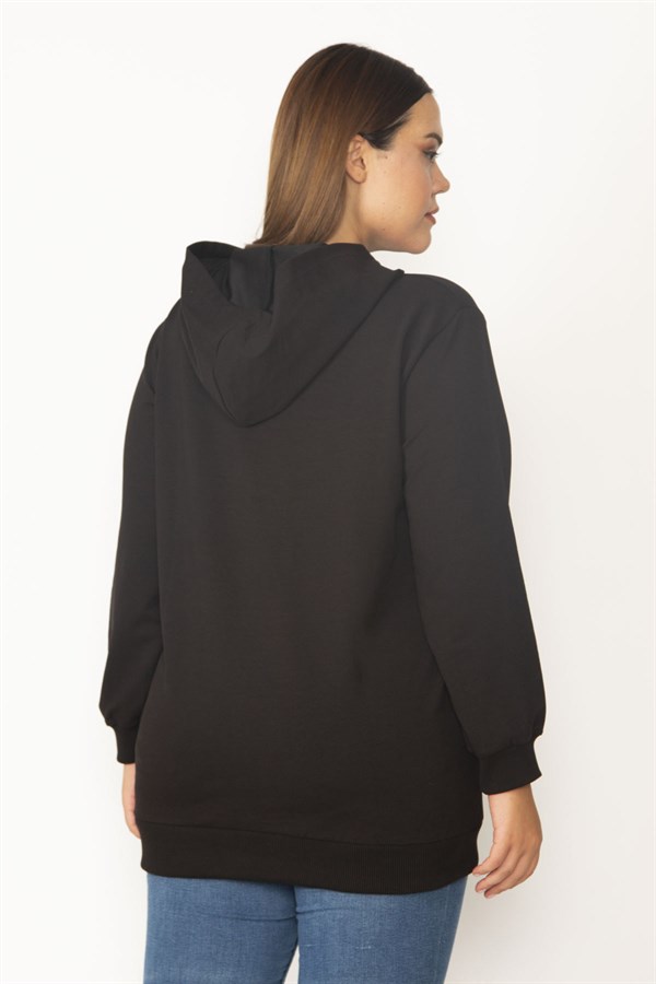 Women's Black Digital Print and Hooded Detailed Side Pocket Sweatshirt 65N30090