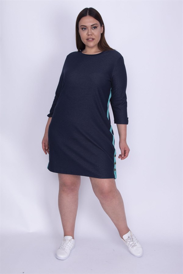 Kadın Lacivert Tensel Kot Yanları Metal Düğme Yırtmaçlı Yan Şeritli Elbise 65N25966