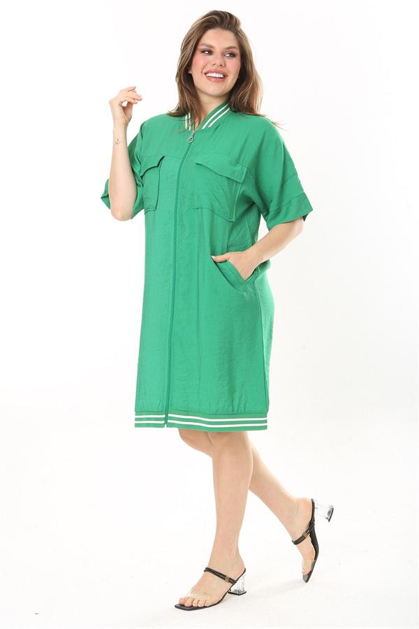 Kadın Büyük Beden Nar Ön Fermuarlı Ribana Detaylı Aerobin Kumaş Elbise 65N37880