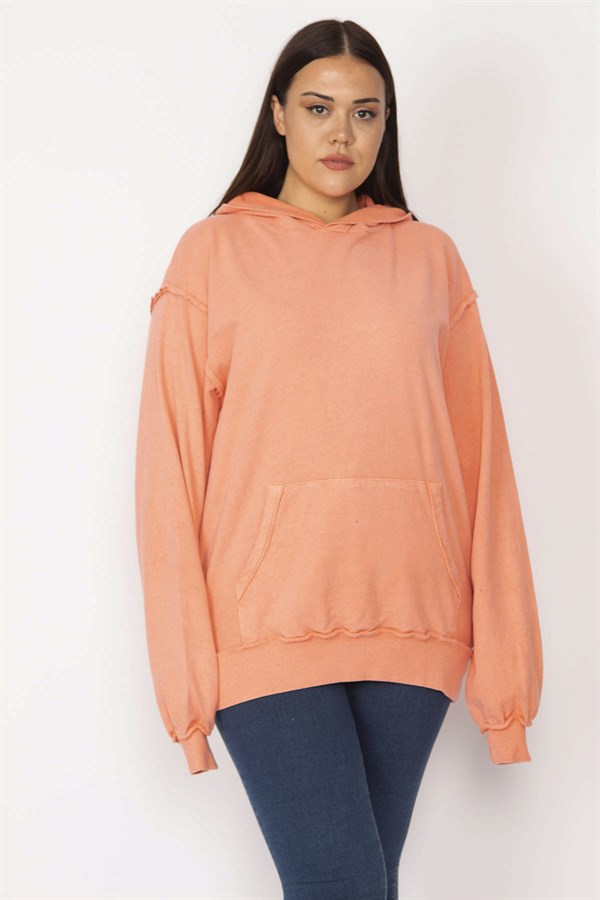 Kadın Turuncu Kapşonlu Kanguru Cepli Sweatshirt 65N29634
