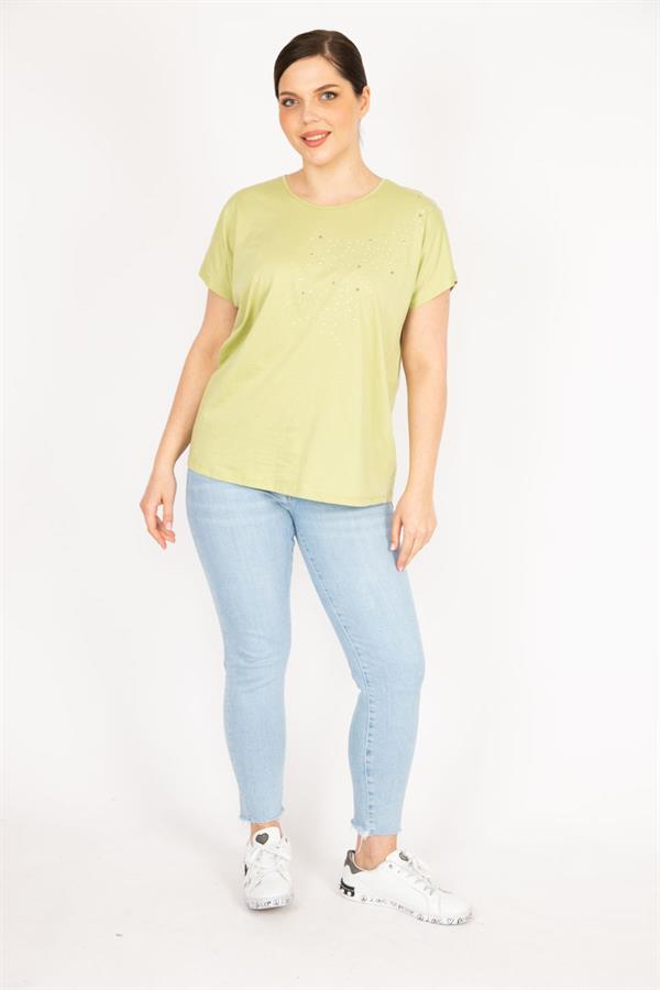 Kadın Yeşil Büyük Beden Pamuklu Kumaş Taş Detaylı Bluz