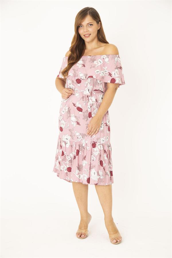 Kadın Büyük Beden Pembe Dokuma Viskon Kumaş Yakası Lastik Ve Volan Detaylı Elbise 65N36783