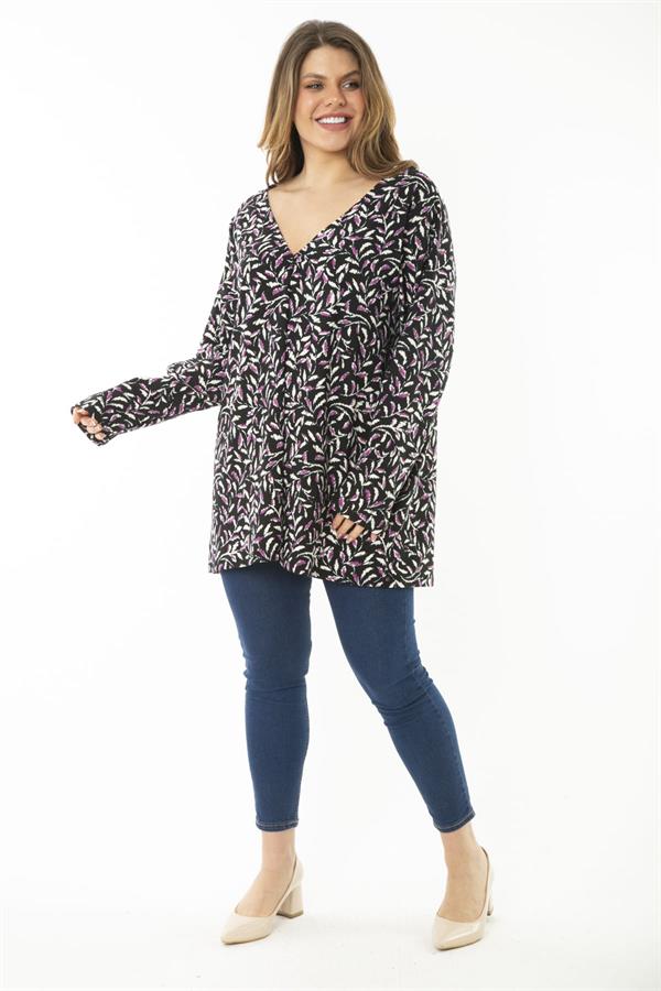 Kadın Büyük Beden Mor Yaka Pileli Kapri Kollu Bluz 65N37148