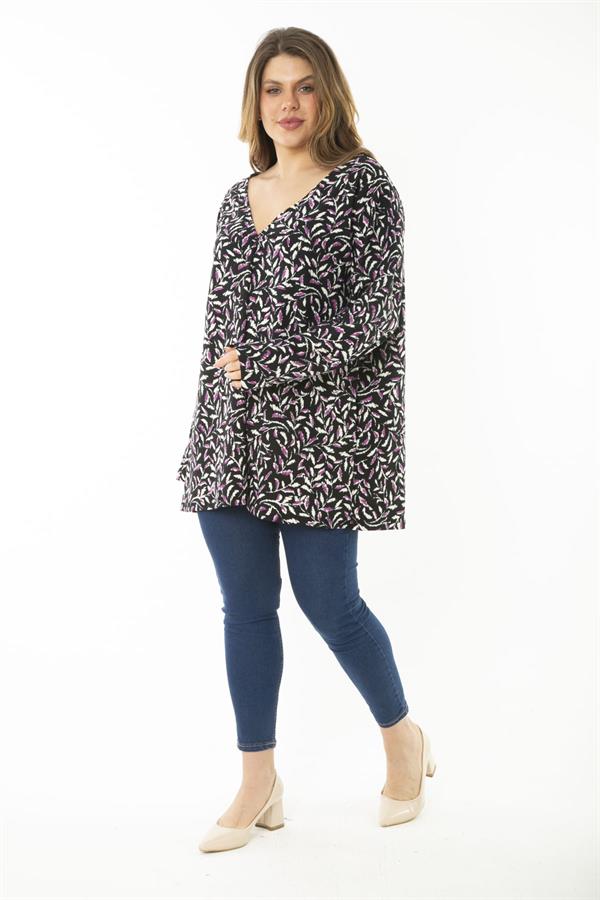 Kadın Büyük Beden Mor Yaka Pileli Kapri Kollu Bluz 65N37148