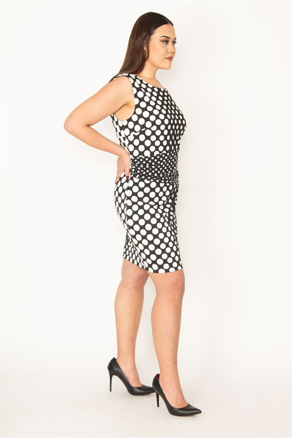 KADIN SİYAH BEL DRAPELİ PUAN DESENLİ ELBİSE