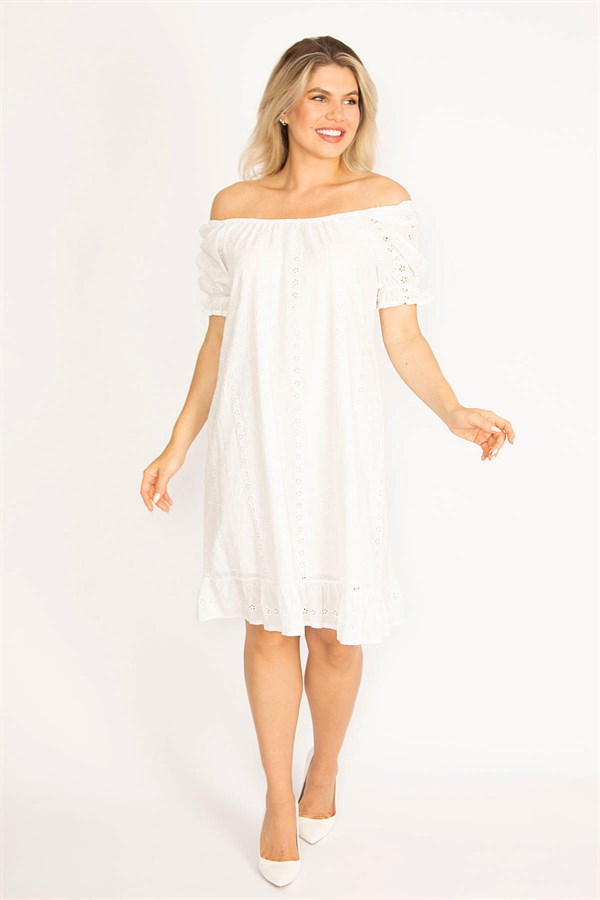 Delikiş Nakışlı Dokuma Viskon Kumaş Astarlı Yaka Ve Kol Ağzı Lastikli Etek Ucu Katlı Elbise