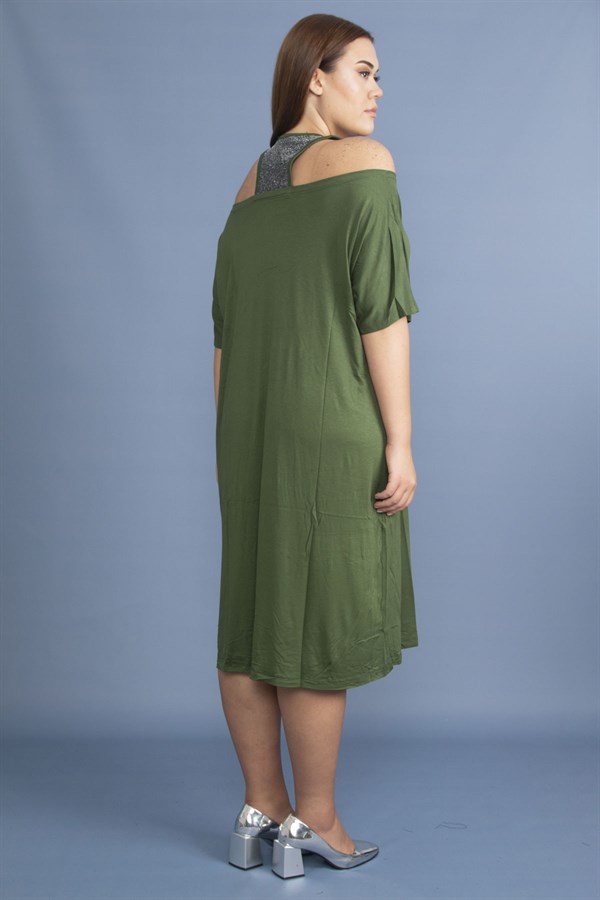 Kadın Haki Sim Detaylı Ön Baskılı Viskon Elbise 65N27473