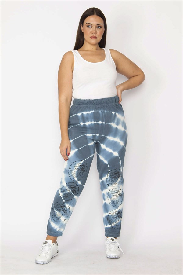 Kadın Mavi İçi Şardonlu 3 İplik Kumaş Bel Ve Paça Lastikli Batik Desenli Pantolon 65N29151