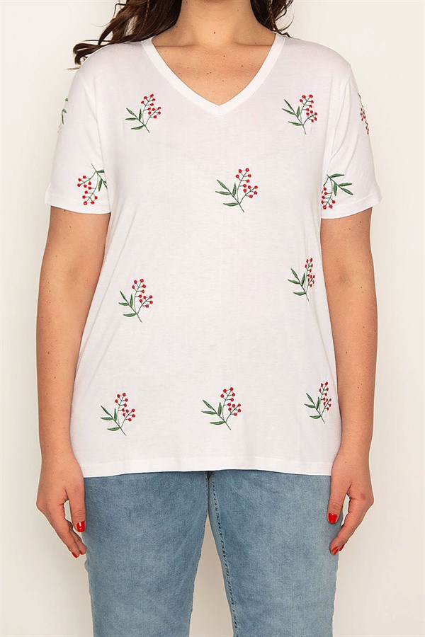 KADIN BEYAZ V YAKALI NAKIŞ DETAYLI BLUZ
