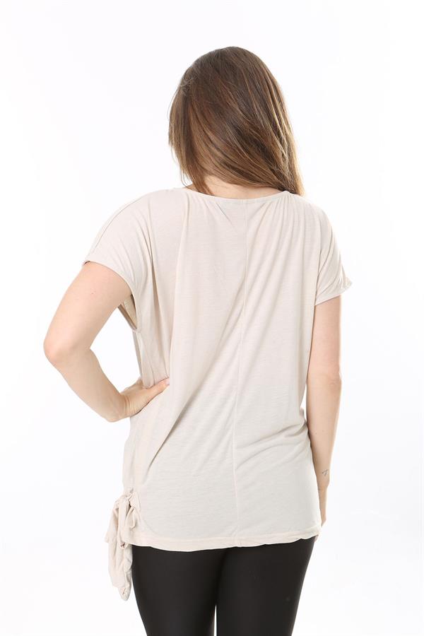 Kadın Büyük Beden Bej Yan Bağlamalı Bisiklet Yakalı Kısa Kollu Bluz 65N37849