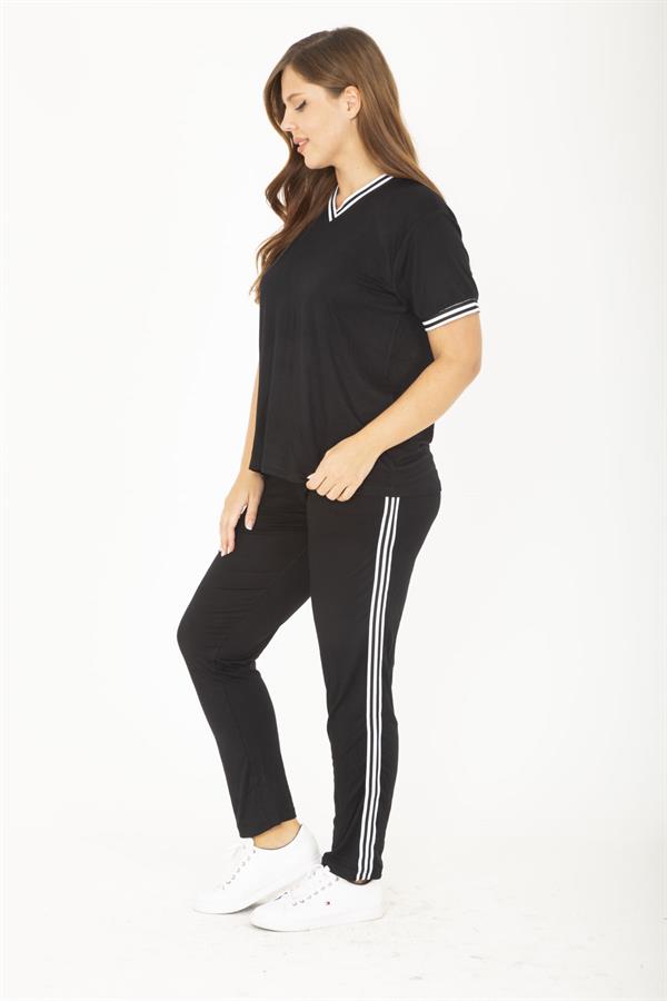 Kadın Büyük Beden Lacivert Ribanall Kısa Kollu Bluz Pantolon Eşofman Takım 65N36811