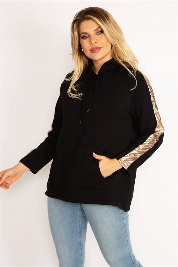 Women's Black Sleeves Gold Stripe Detailed Hooded Kangaroo Pocket Sweatshirt 65N34671