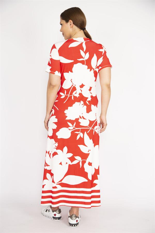 Kadın Kırmızı Büyük Beden Anvelop Yakalı Uzun Elbise