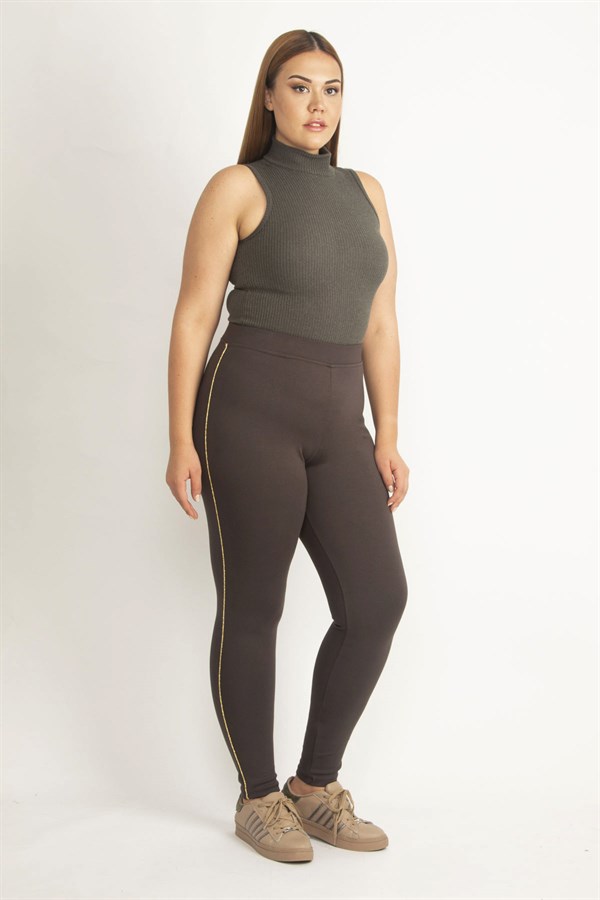 Kadın Kahve Yanları Sim Detaylı Tayt Pantolon 65N20135