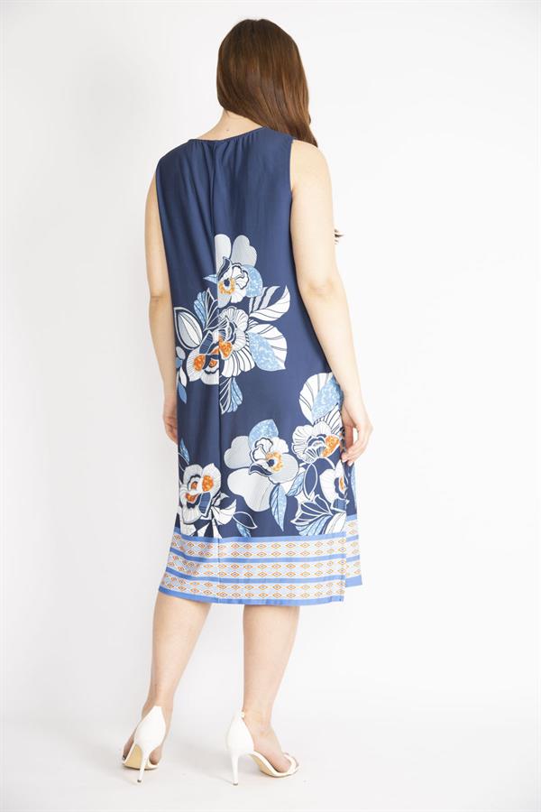 Kadın Lacivert Büyük Beden Yan Yırtmaçlı Kolsuz Elbise