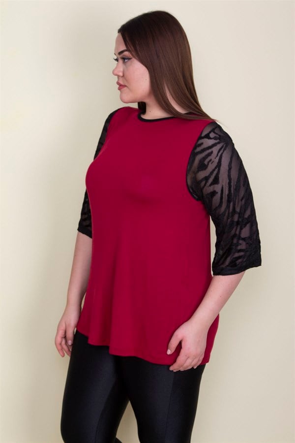 Kadın Bordo Kolları Flok Tül Detaylı Viskon Bluz 65N25580