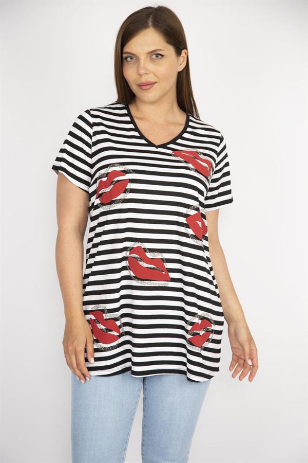 Kadın Siyah Büyük Beden Taş Detaylı V Yakalı Çizgili Bluz