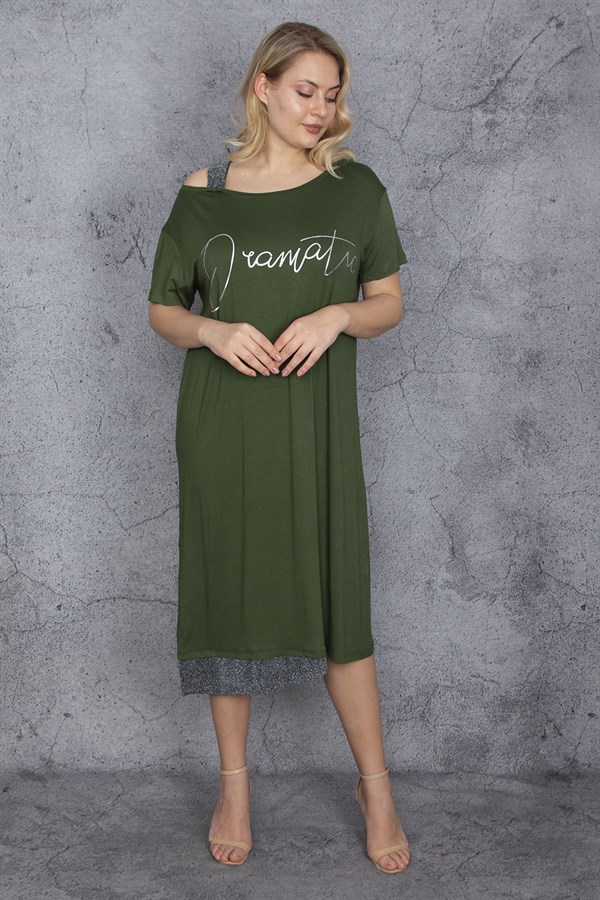 Kadın Haki Sim Detaylı Ön Baskılı Elbise 65N27215