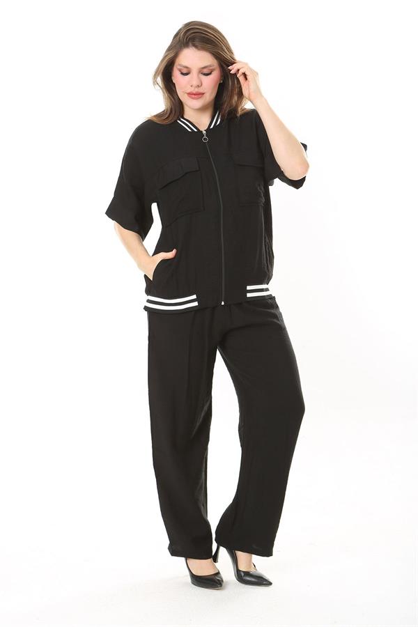 Kadın Büyük Beden Nar Ön Fermuarlı Ribanalı Tunik Ve Pantolon İkili Takım 65N37877