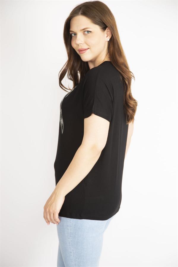 Kadın Siyah Büyük Beden Bisiklet Yaka Taş Detaylı Düşük Kollu Bluz