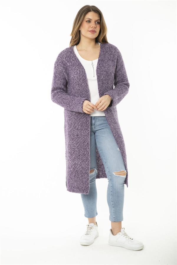 Kadın Büyük Beden Mor Yırtmaçlı Kalın Triko Uzun Hırka 65N37166