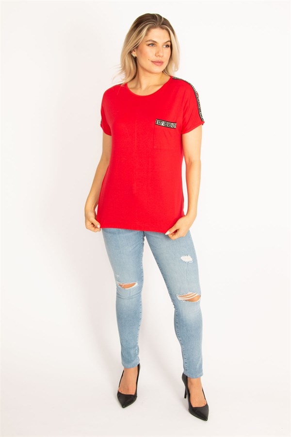 Kadın Kırmızı Omuz Ve Cep Ağzı Taş Detaylı Bluz 65N34524