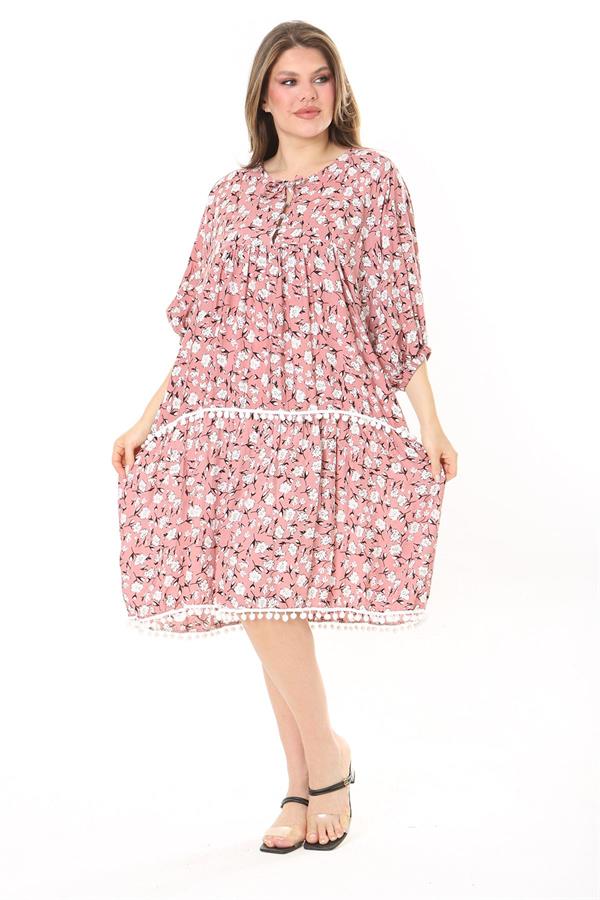 Kadın Büyük Beden Pembe Ön Patı Düğmeli Göğüs Büzgü Ve Ponpon Detaylı Elbise 65N37870