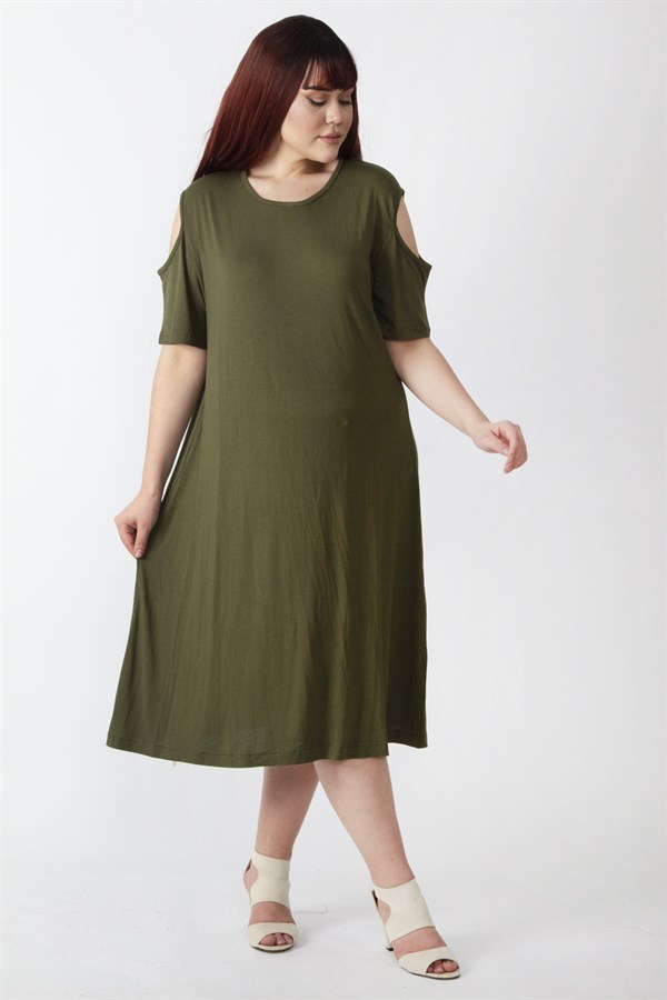 Kadın Haki Omuz Dekolteli Viskon Elbise 65N26131