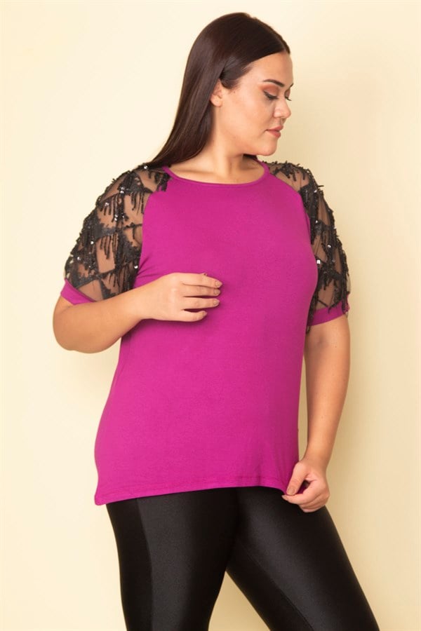 Kadın Fuşya Kolları Tül Payet Detaylı Bluz 65N28746