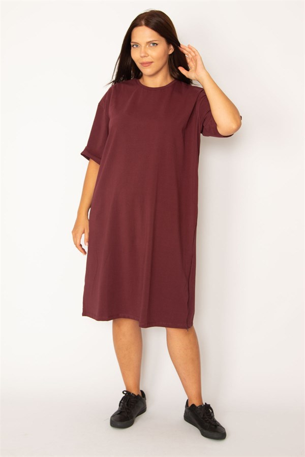 Kadın Mürdüm Pamuklu Kumaş Yan Fermuar Yırtmaçlı Likralı Elbise 65N34428