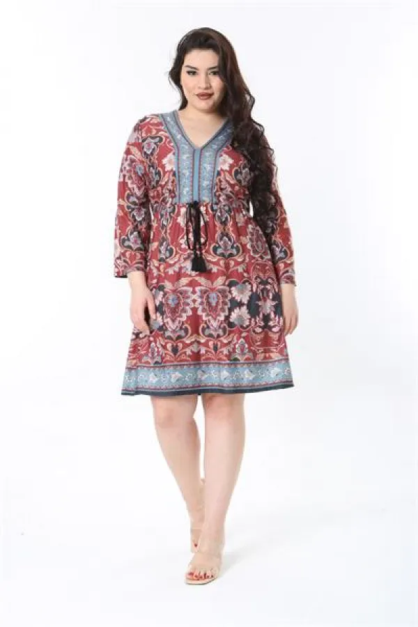 Kadın Büyük Beden Renkli V Yakalı Desenli Elbise 65N38846