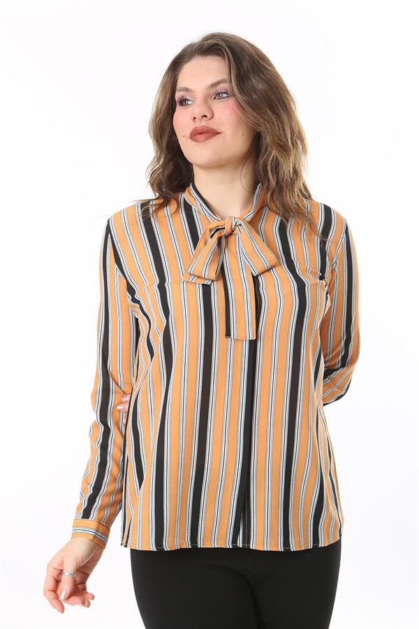 Kadın Büyük Beden Sarı Yakası Fular Bağlamalı Çizgili Bluz 65N38018