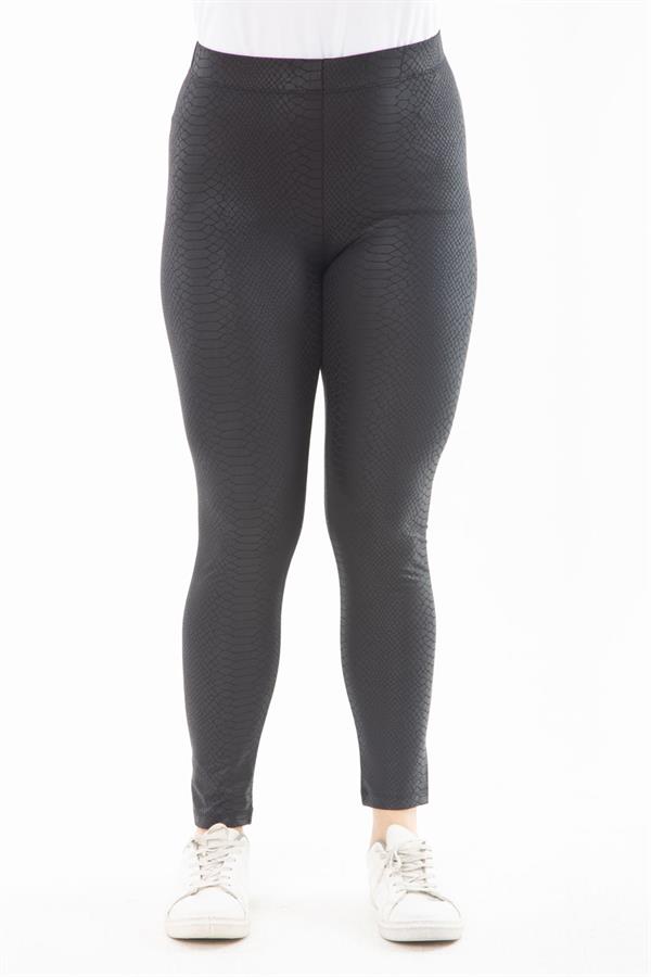 Kadın Büyük Beden Siyah Deri Görünümlü Desenli Tayt 65N37434