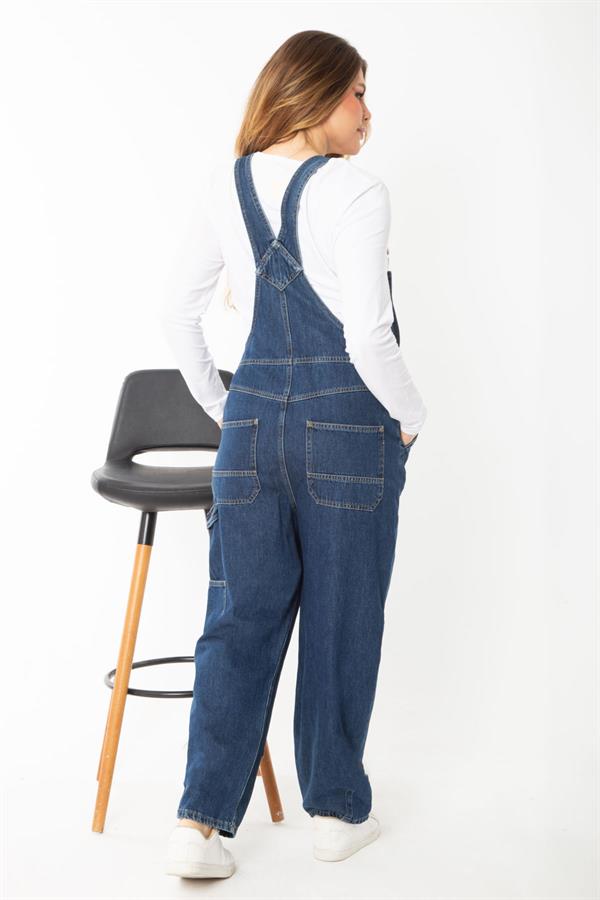 Salopette en jean bleu marine pour femme, boutonnée et à bretelles dissimulées, 65N37372