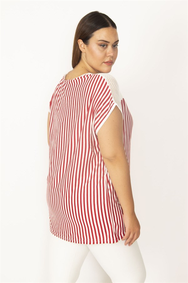 Kadın Kırmızı Ön Robası Dantel Detaylı Düşük Kollu Çizgili Bluz 65N27394
