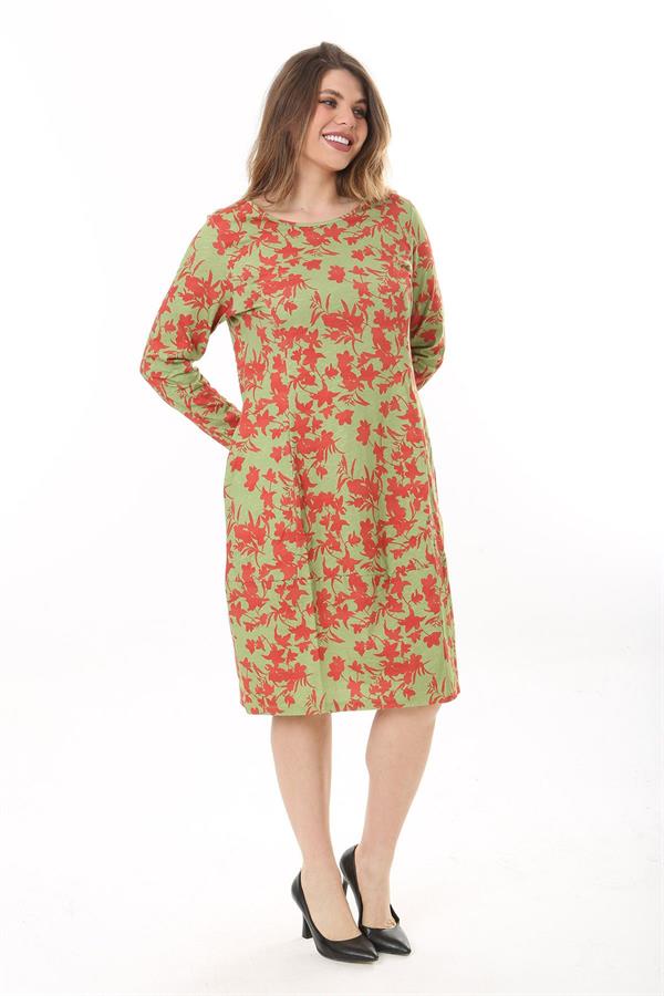 Kadın Büyük Beden Yeşil Organik Koton Kumaş Kup Detaylı Uzun Kollu Elbise 65N37626