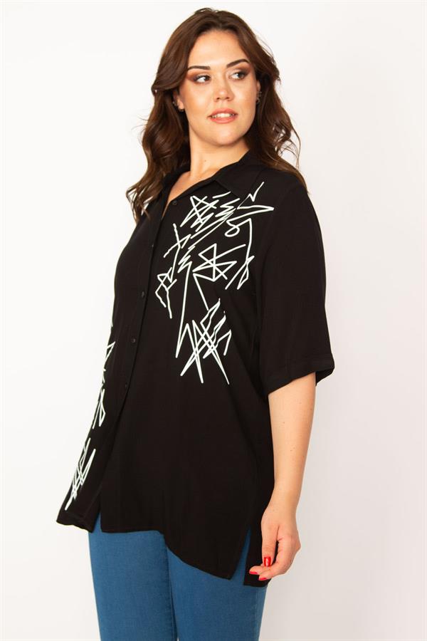 Kadın Mor Ön Düğmeli Baskı Detaylı Dokuma Viskon Kumaş Gömlek 65N33535