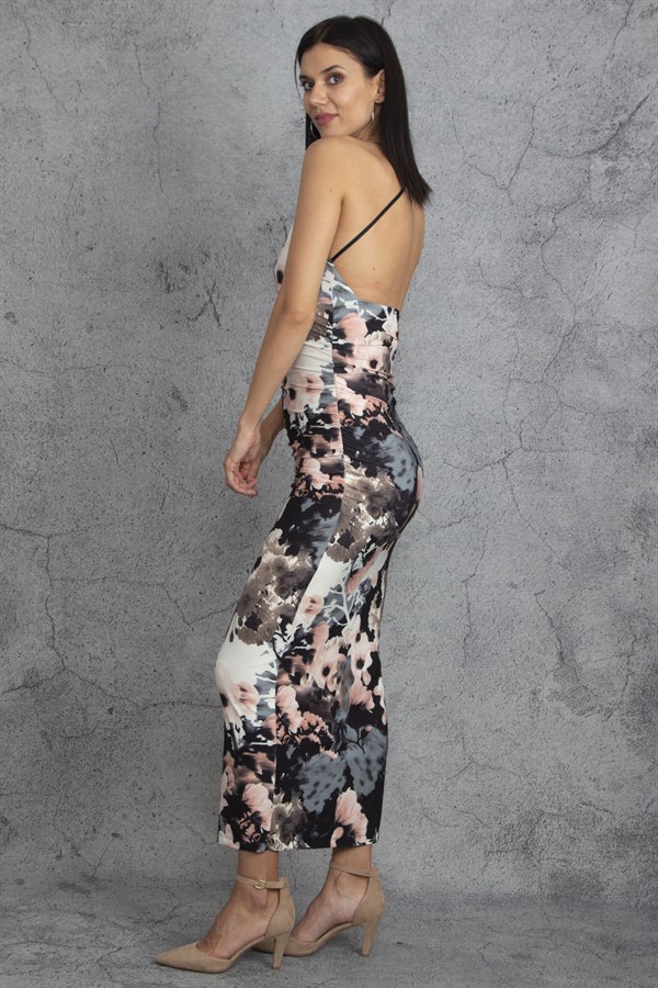 Kadın Renkli Askılı Yanları Lastik Detaylı Sırt Dekolteli Elbise