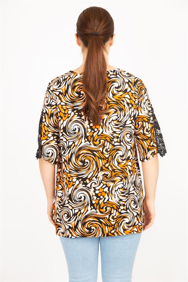 Kadın Mavi Büyük Beden Dokuma Viskon Kumaş Kolları Dantel Detaylı V Yakalı Bluz