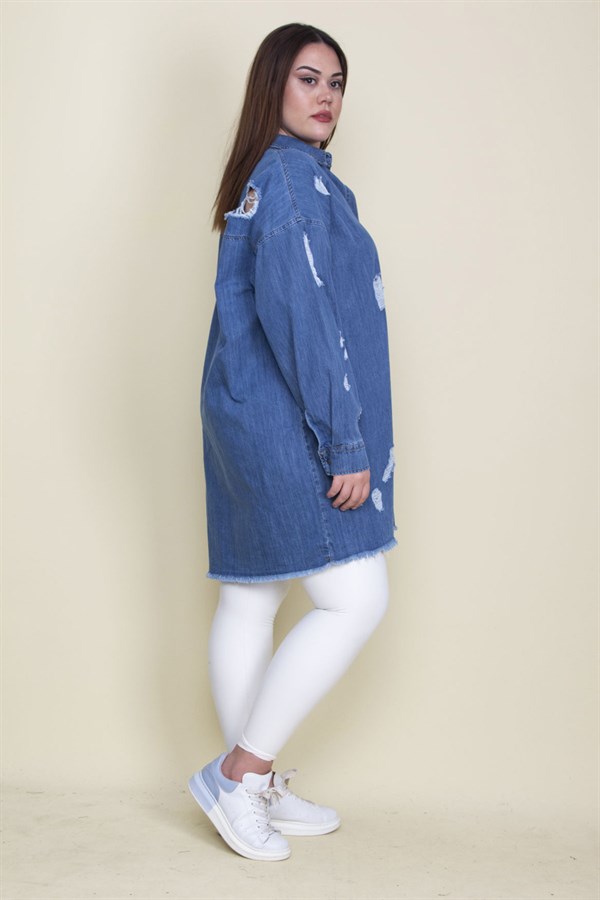 Kadın Mavi Yırtık Detaylı Salaş Kesim Oversize Kot Tunik Ceket 65N28046
