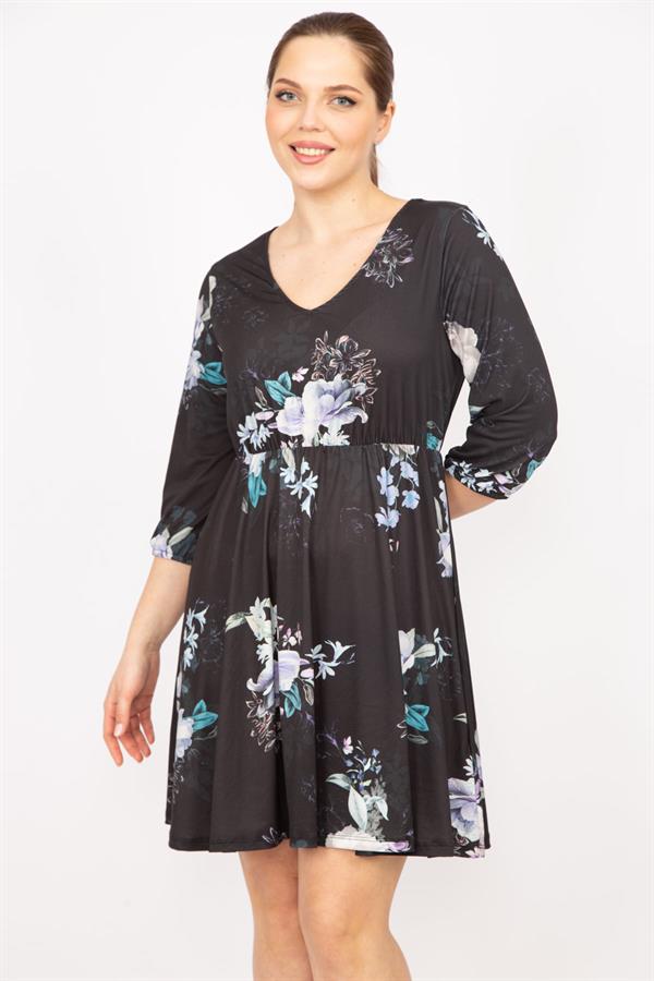 Kadın Siyah V Yakalı Bel Ve Kol Ağzı Lastikli Elbise 26A35828