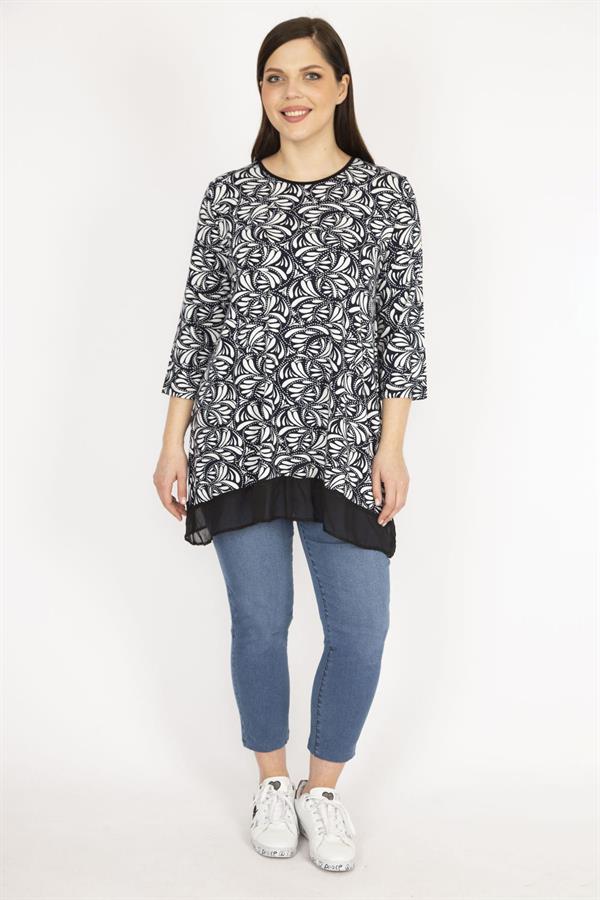 Kadın Lacivert Büyük Beden Etek Ucu Şifon Garnili Tunik