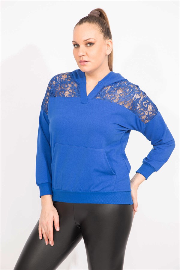Kadın Saks Robası Dantel Ve Kapşon Detaylı Kanguru Cepli Sweat Shirt 65N35463