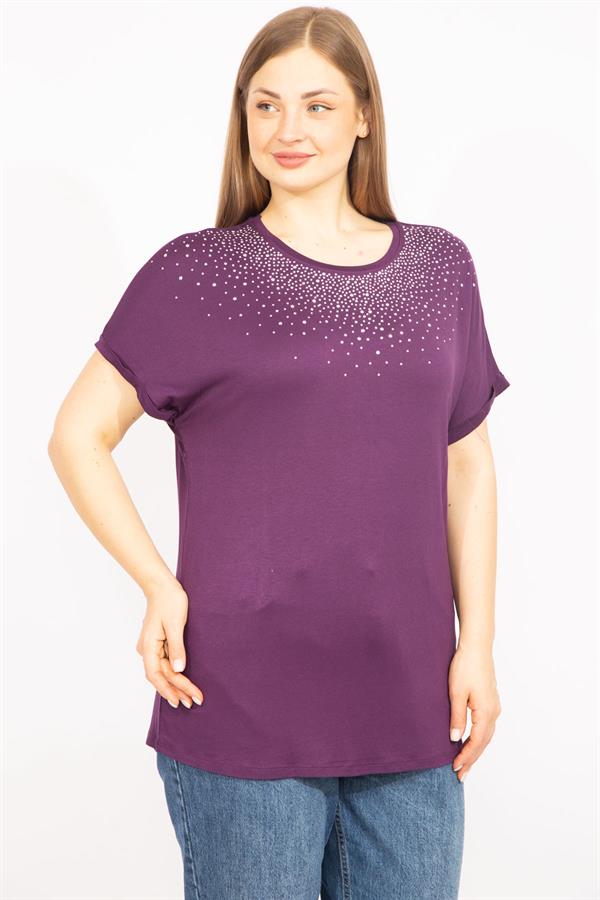 Kadın Mürdüm Büyük Beden Taş Detaylı Düşük Kol Bluz 65N35636